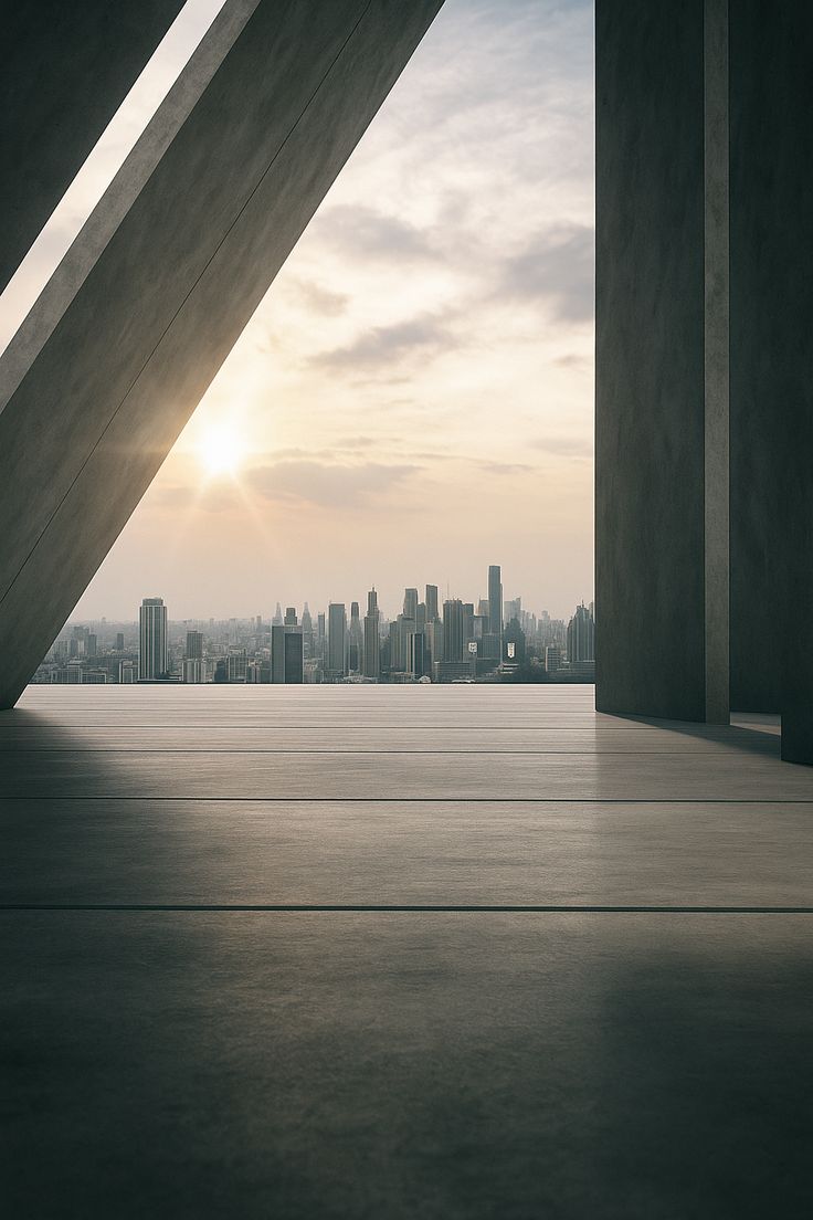 Architectural frame overlooking a modern city skyline