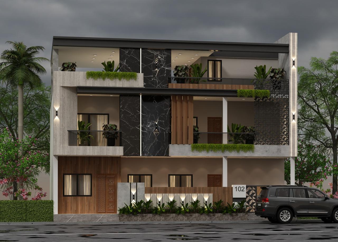 Contemporary residential facade with balcony planting