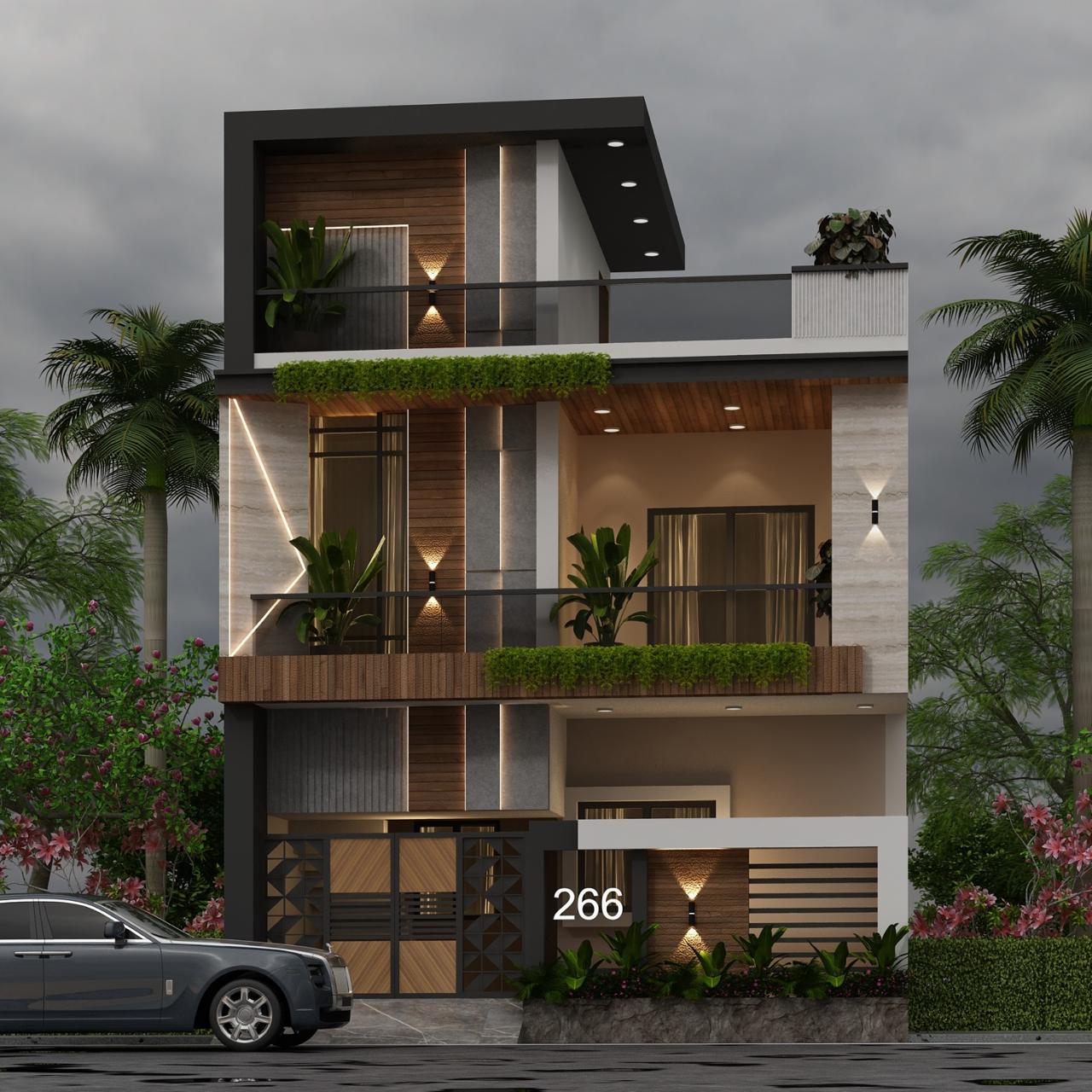 Layered modern home elevation with warm facade lighting